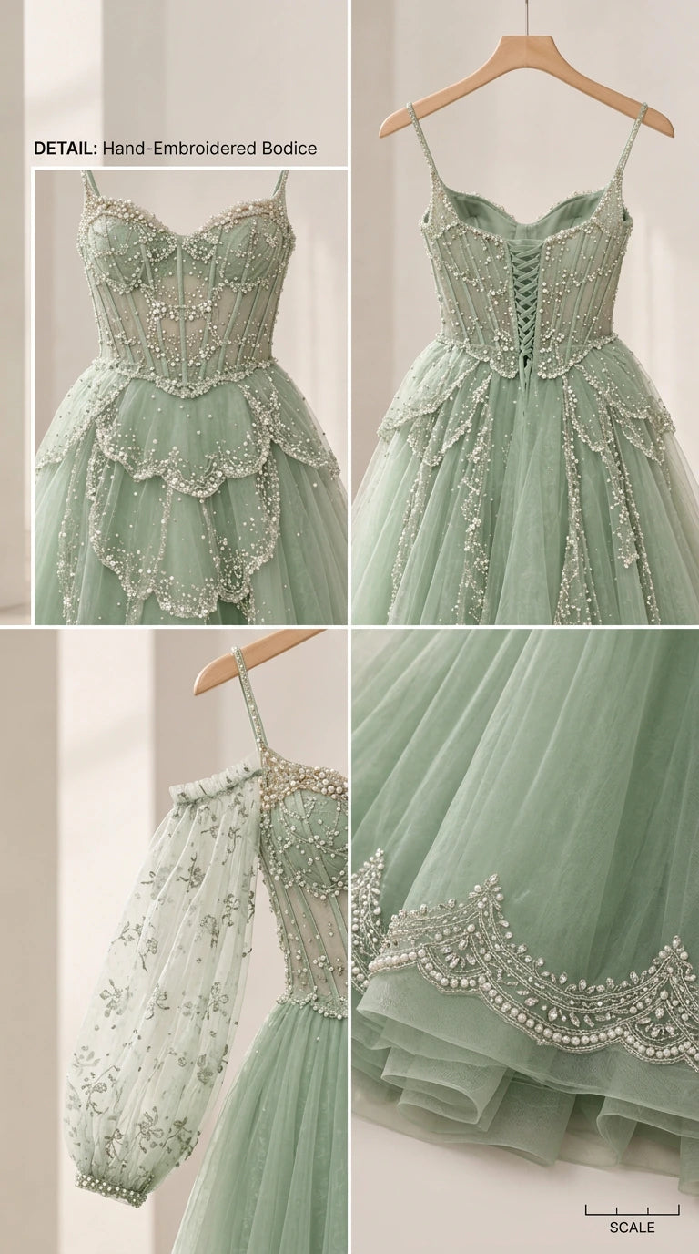 Close-up details of embroidered bodice, lace-up corset back, and beaded scalloped tulle hem
