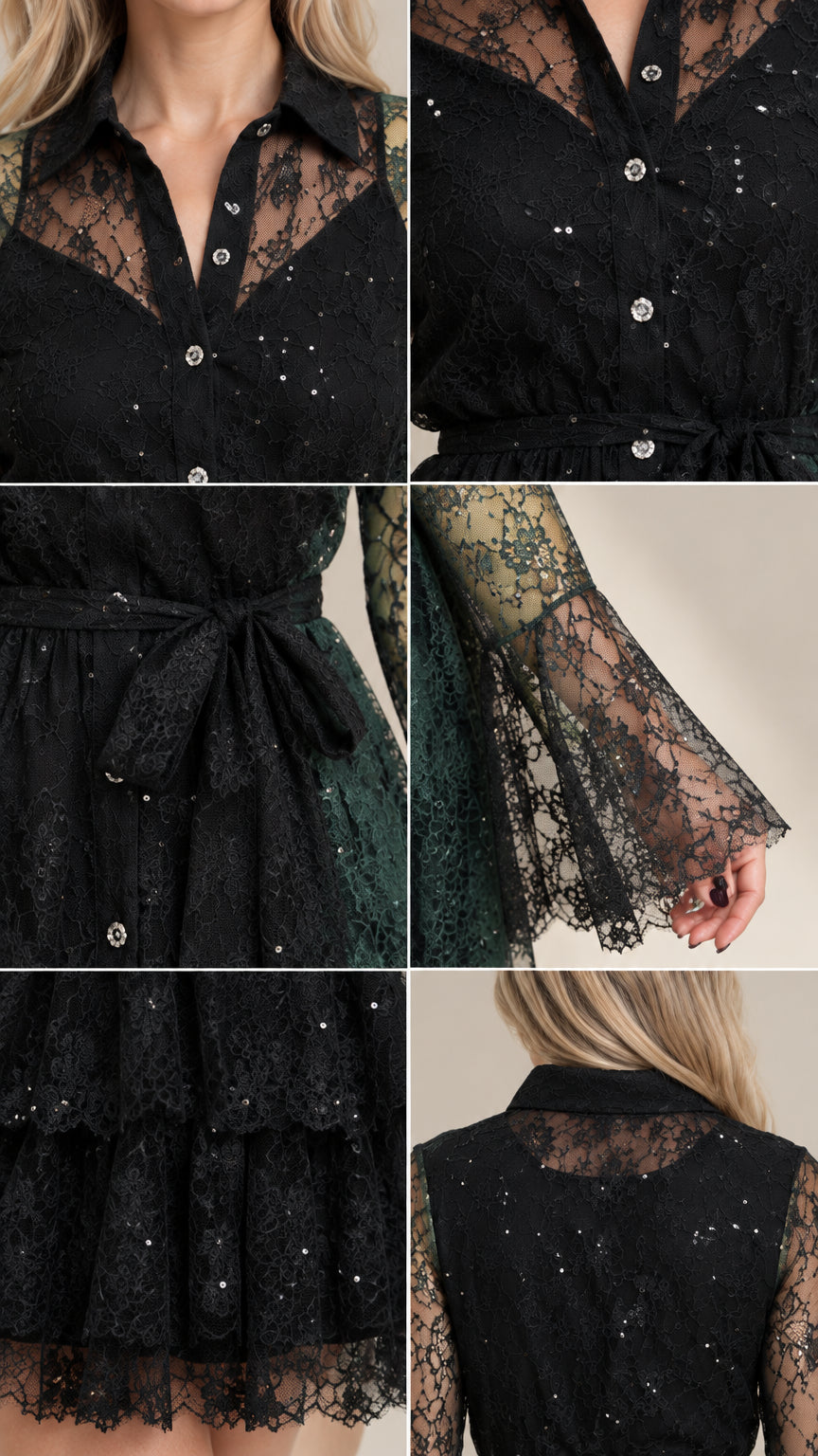 Close-up detail collage showing lace collar, sparkle accents, waist tie, bell cuff, and tiered hem