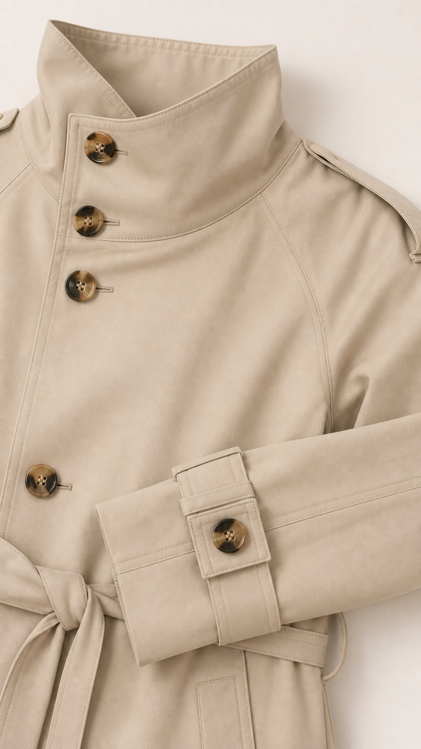 Close-up detail of beige trench jacket high collar, buttons, and sleeve cuff strap
