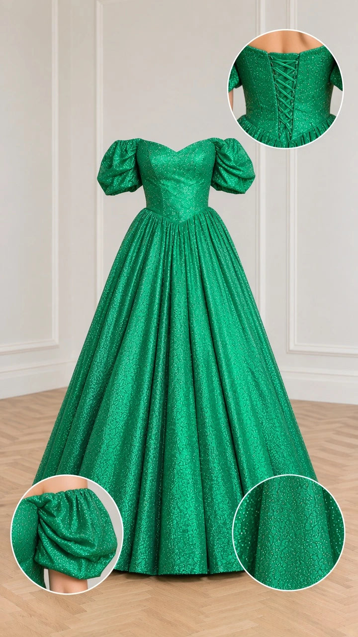 Flat lay of emerald green glitter ball gown with detail insets of lace-up back, sleeve, and fabric