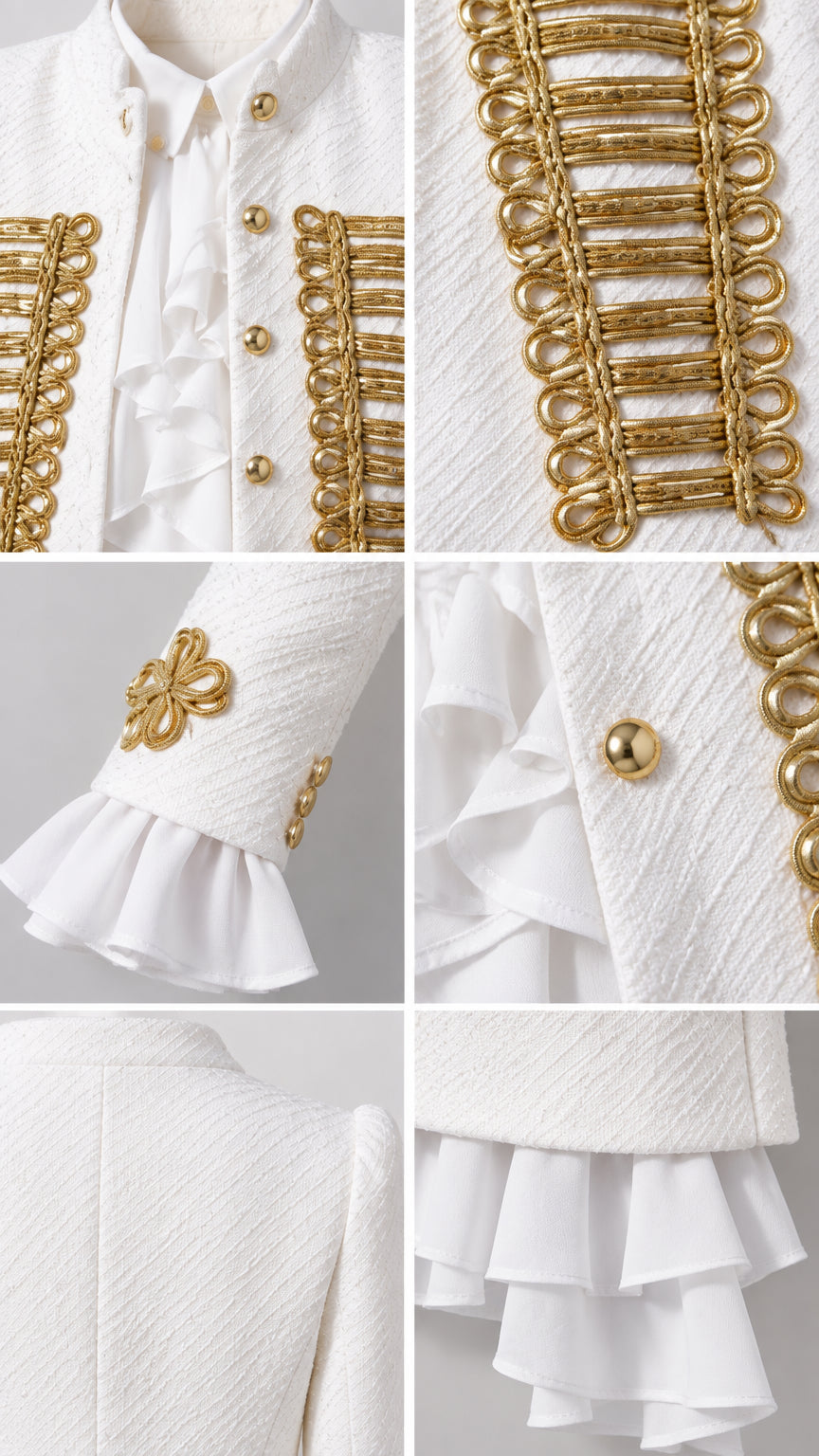 Detailed close-up collage of gold soutache braiding, textured tweed weave, and ruffled cuffs