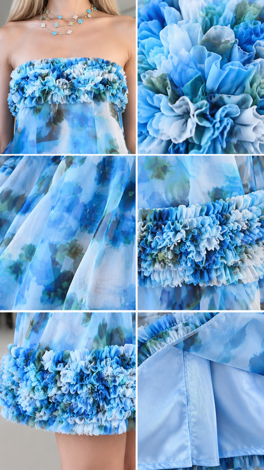 Close-up details of 3D ruffled trim, watercolor floral fabric, and smooth lining