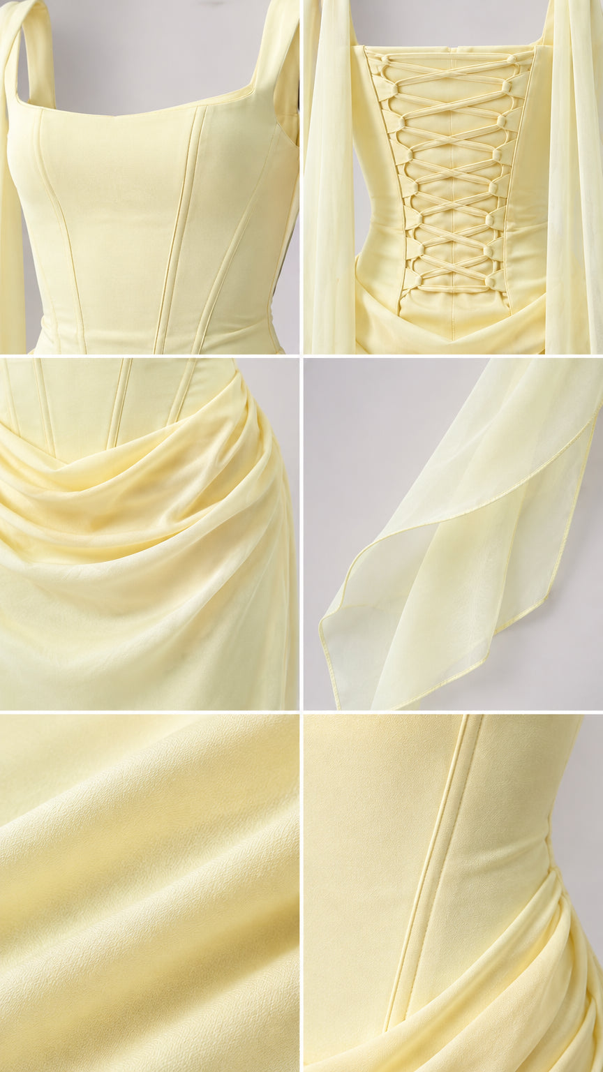 Close-up detail collage showing corset neckline, lace-up back, cowl draping, and smooth fabric finish