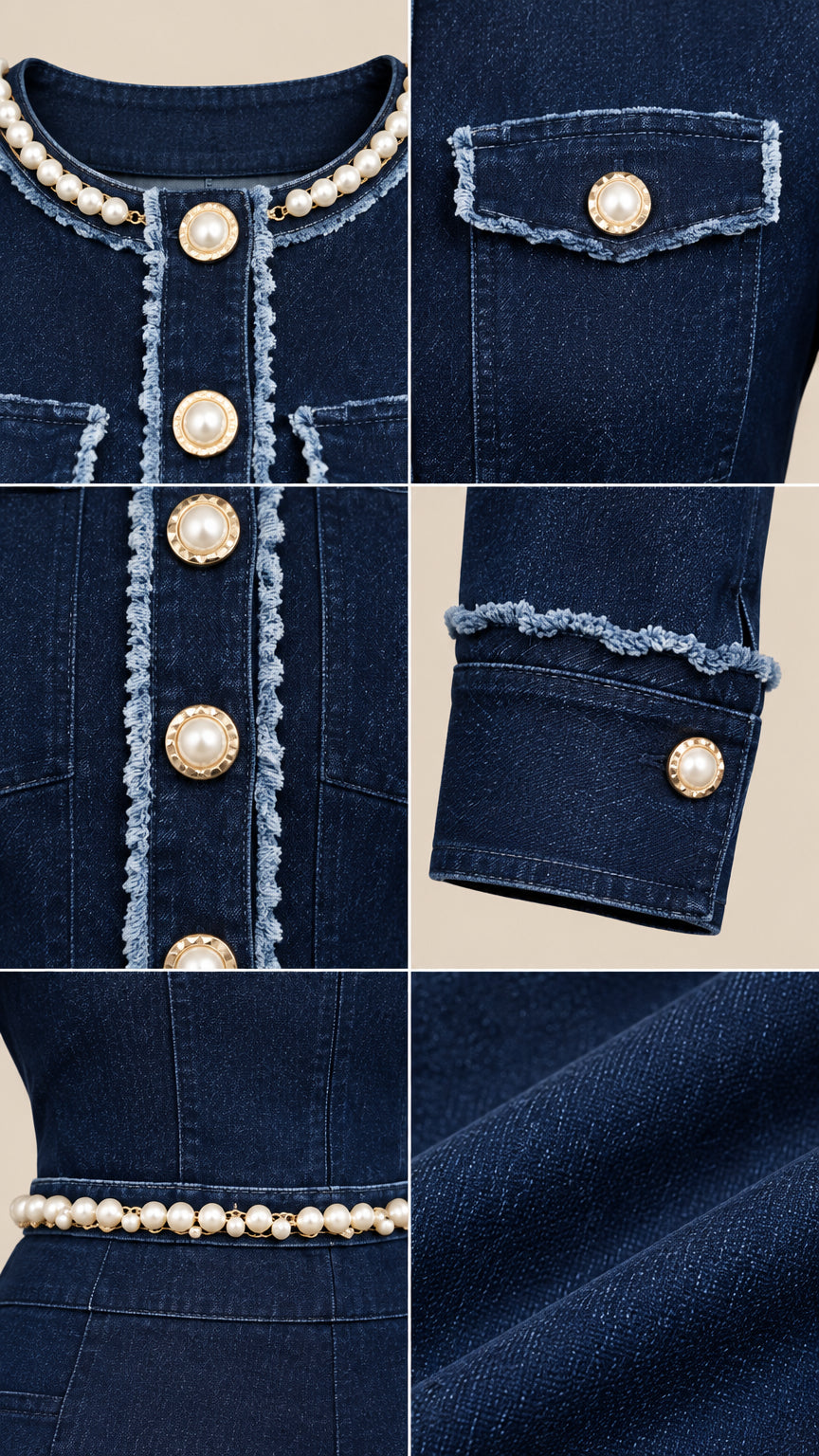 Close-up details of pearl beading, gold-trimmed buttons, raw fringe trim, and denim twill texture