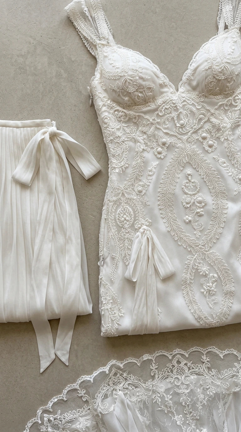 Close-up flat lay of white lace embroidered bodice with sweetheart neckline and bow detailing