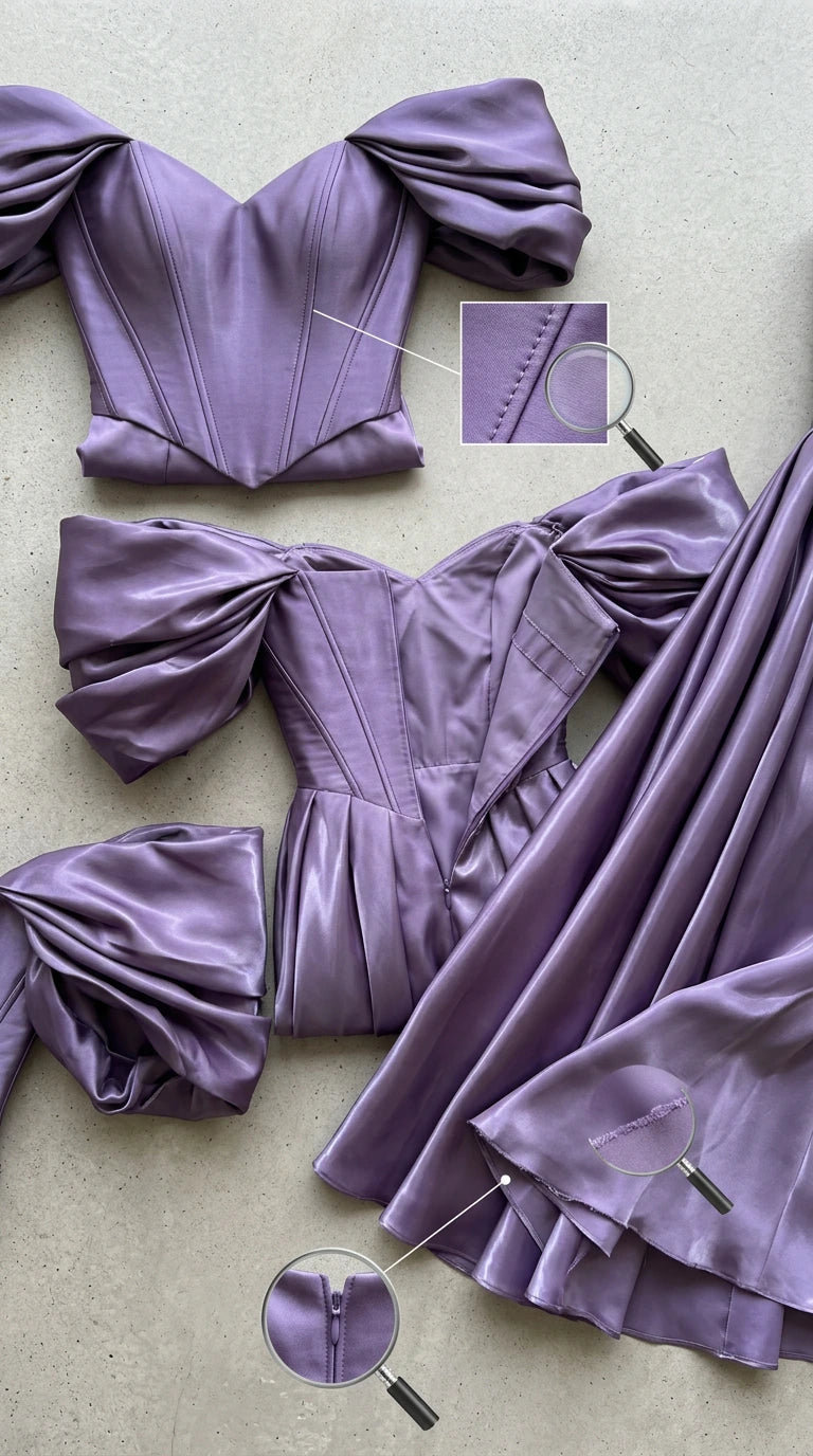 Flat lay garment detail showing structured corset bodice, sweetheart neckline, and pleated satin skirt construction