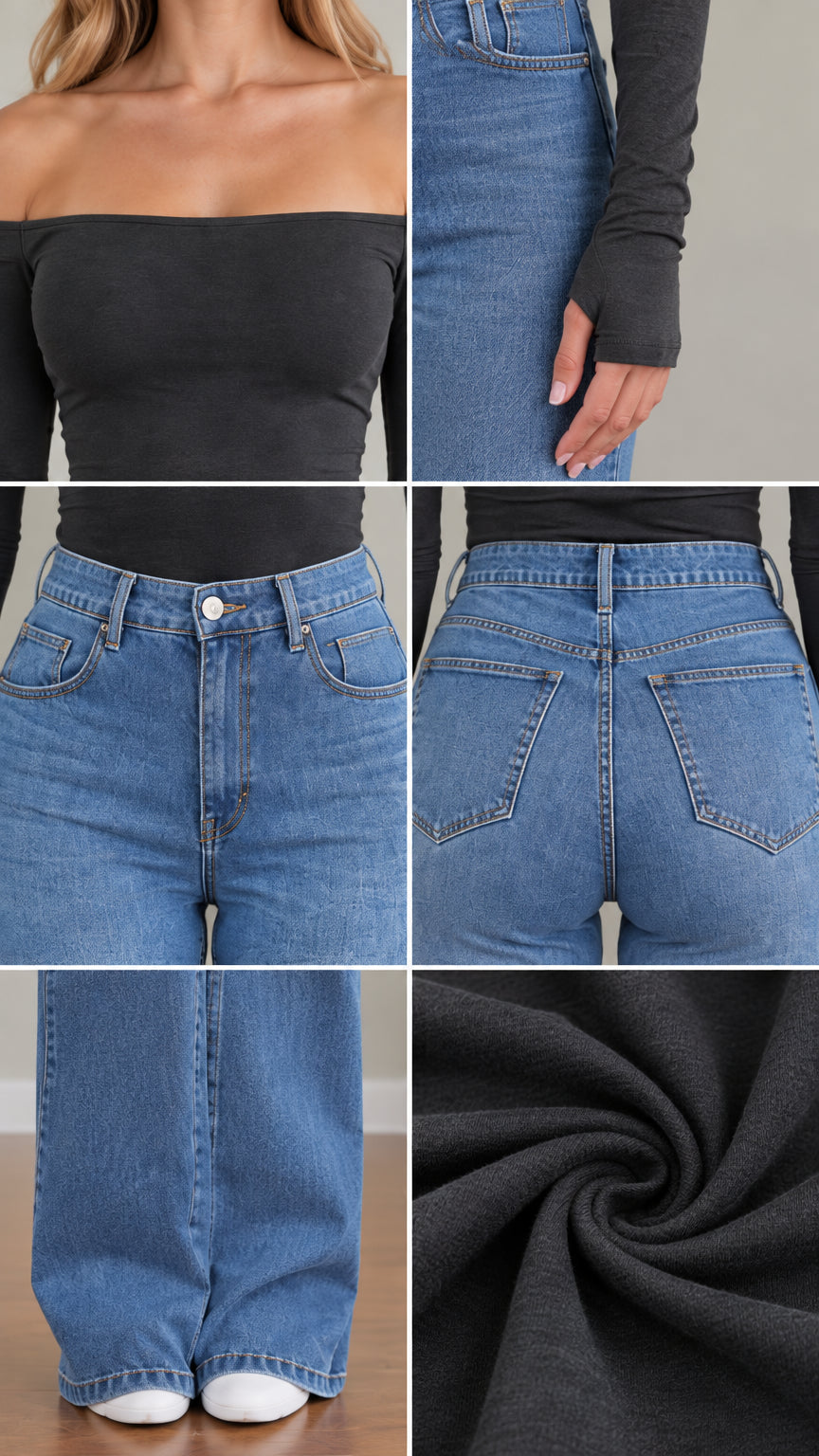 Close-up details of neckline, sleeve thumbhole, front jeans pocket, back pockets, hem, and fabric
