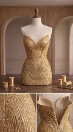 Detail view of structured boned corset bodice and intricate gold sequin pattern