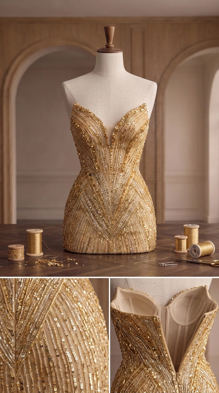 Detail view of structured boned corset bodice and intricate gold sequin pattern