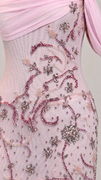 Close-up detail of pink crystal beading, embroidery, and draped chiffon bust