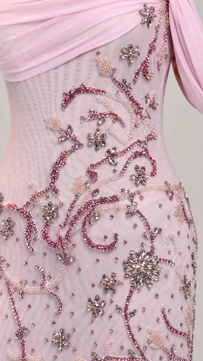Close-up detail of pink crystal beading, embroidery, and draped chiffon bust