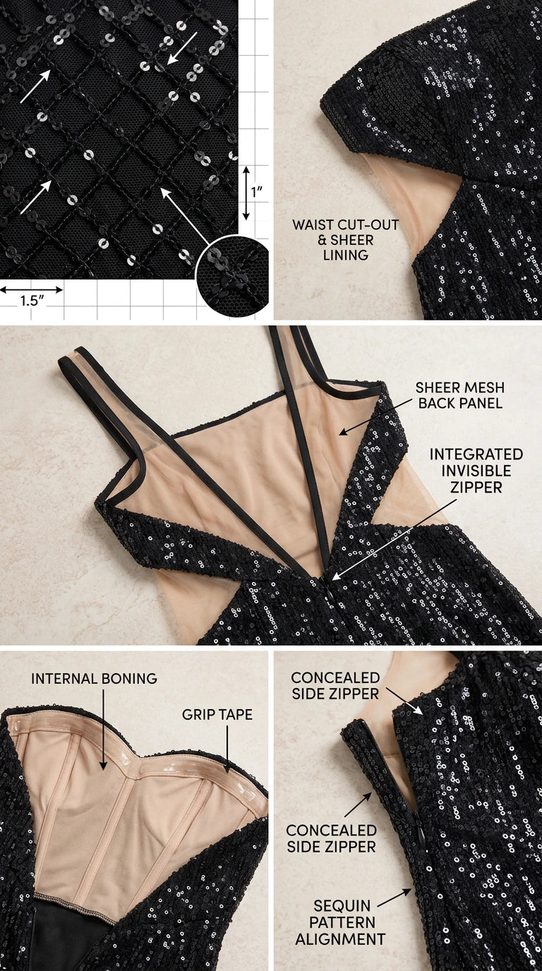 Close-up detail composite showing sequin grid pattern, waist mesh lining, illusion back zipper, and internal boning with grip tape