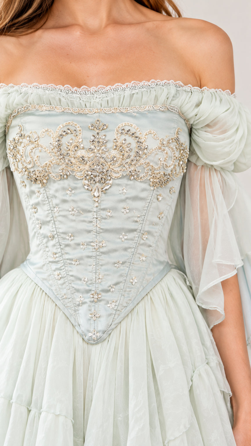 Close-up detail of Mint Green bodice with intricate embroidery, beadwork, and off-shoulder neckline