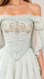 Close-up detail of Mint Green bodice with intricate embroidery, beadwork, and off-shoulder neckline