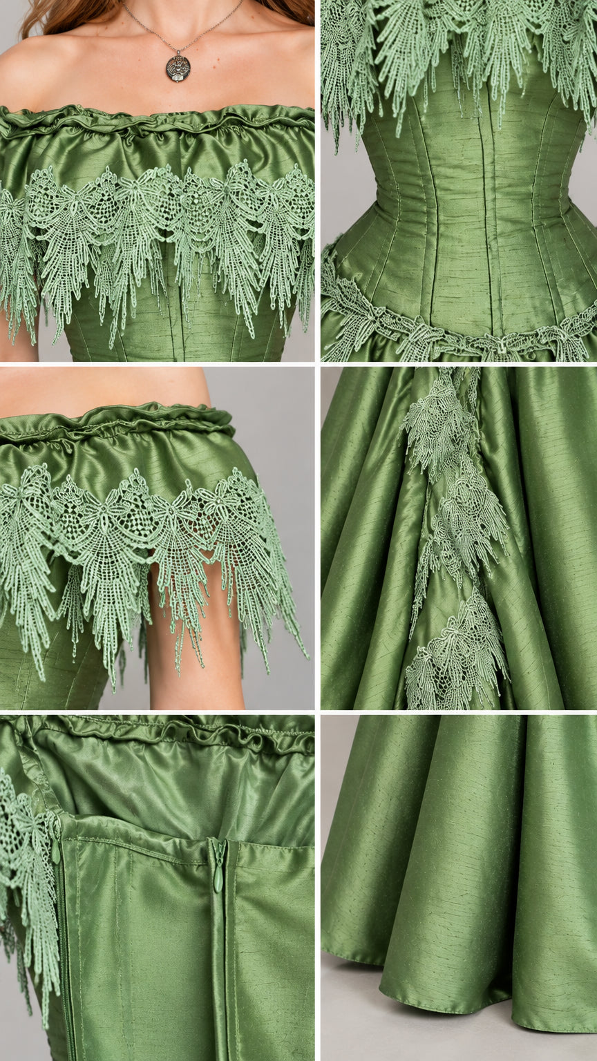 Close-up details of sage green corset boning, lace trimming, and skirt pleating