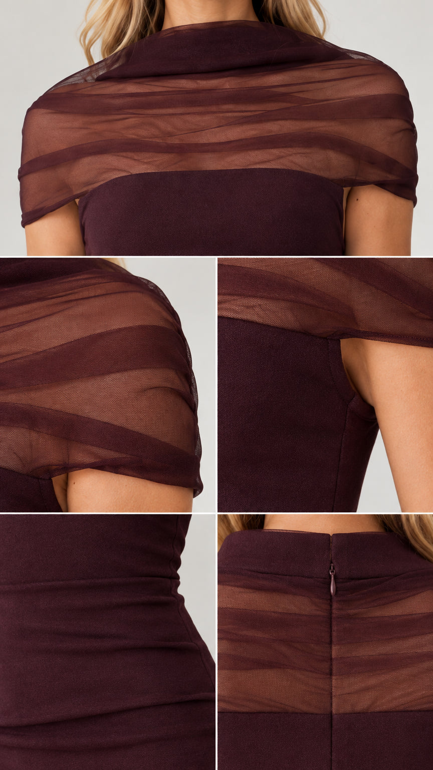 Detailed close-up collage of burgundy sheer mesh neckline, armhole, and zipper