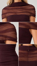 Detailed close-up collage of burgundy sheer mesh neckline, armhole, and zipper