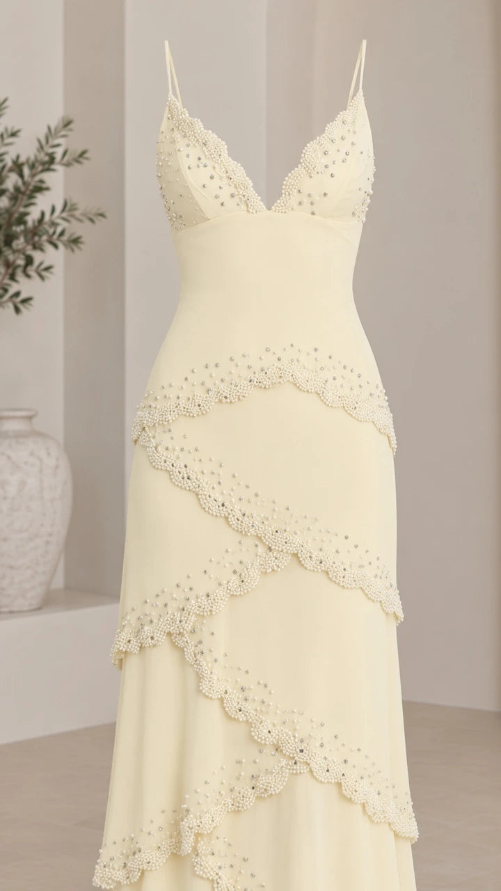 Detailed front view of pale yellow tiered cami dress with pearl beading