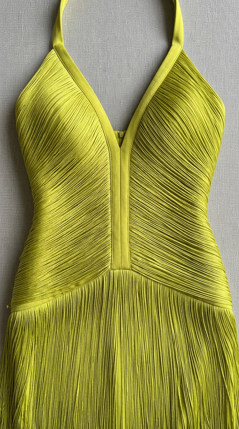 Close-up detail of chartreuse bodice with fine micro-pleating and plunging halter neckline