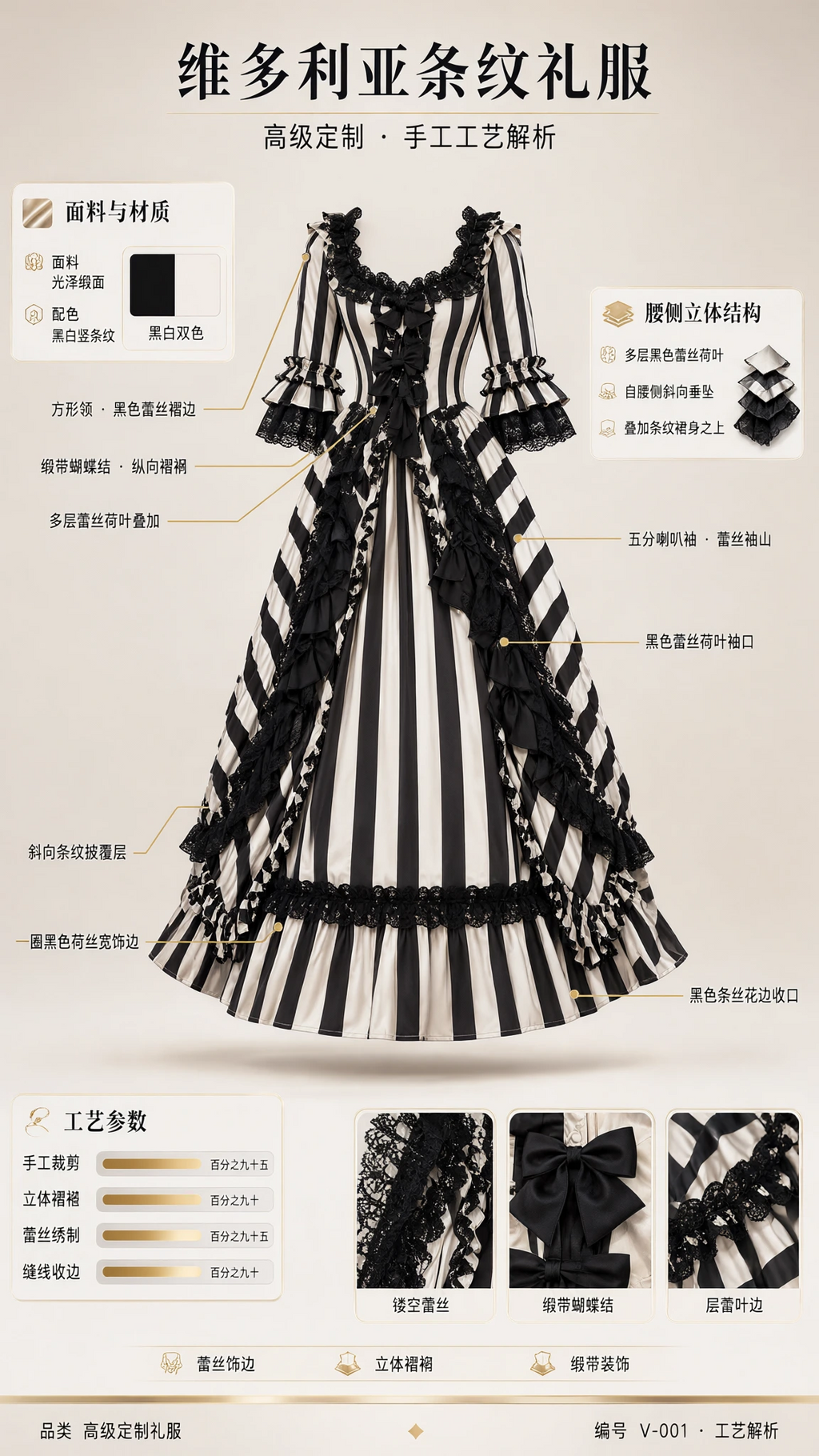Detailed costume diagram highlighting neckline lace, sleeve ruffles, and skirt construction of the Victorian striped dress