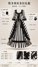 Detailed costume diagram highlighting neckline lace, sleeve ruffles, and skirt construction of the Victorian striped dress