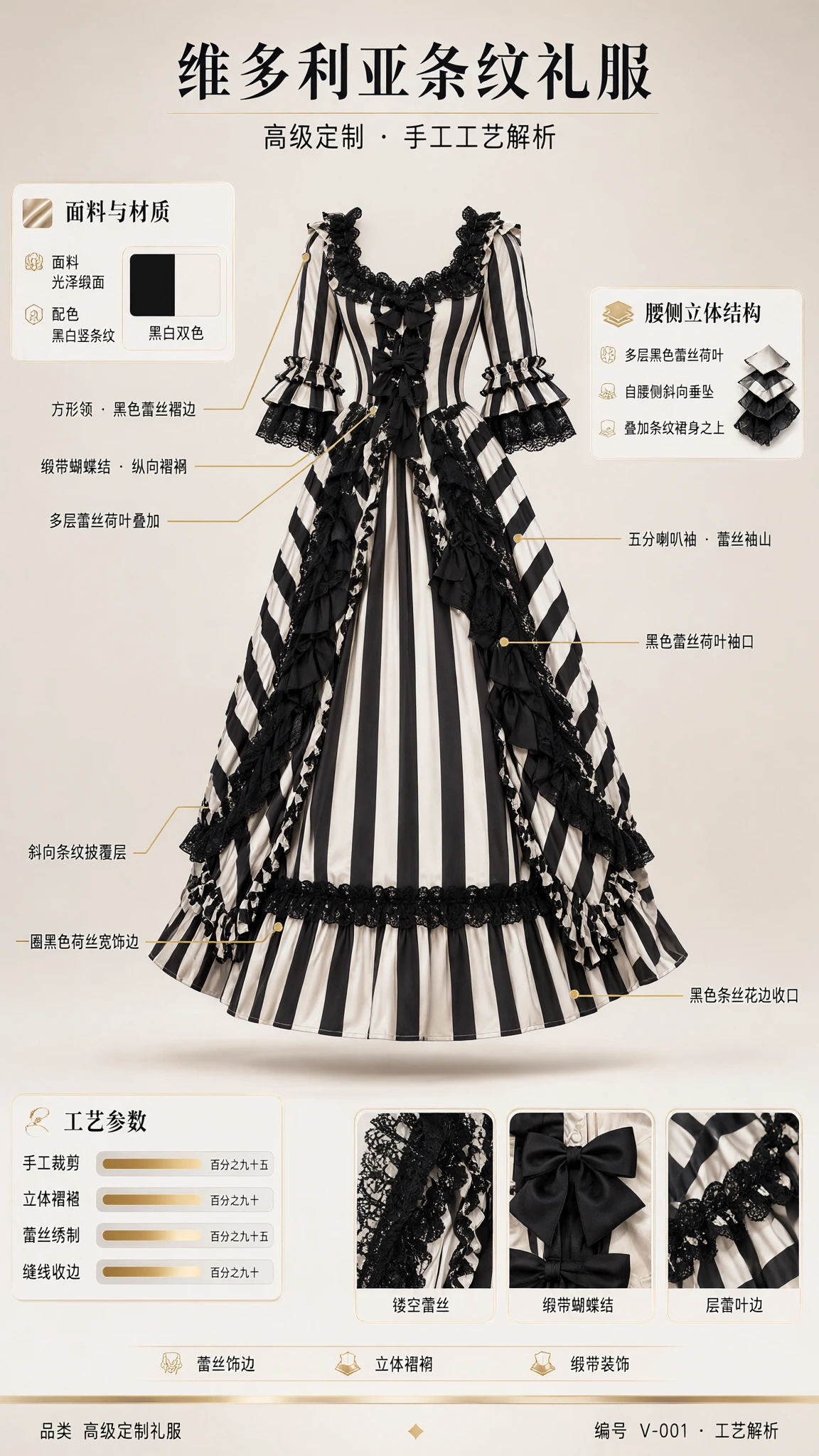 Detailed costume diagram highlighting neckline lace, sleeve ruffles, and skirt construction of the Victorian striped dress