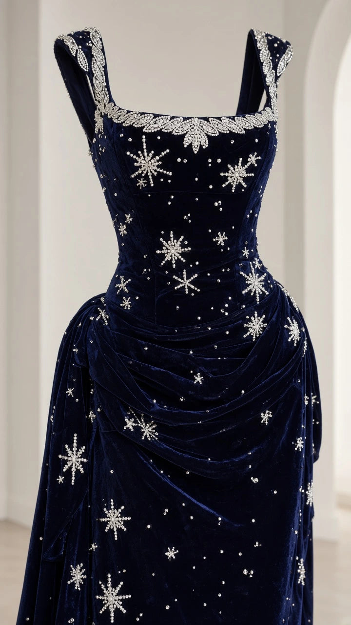 Close-up detail of crystal-beaded square neckline and starburst embroidery on navy blue velvet bodice