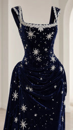 Close-up detail of crystal-beaded square neckline and starburst embroidery on navy blue velvet bodice