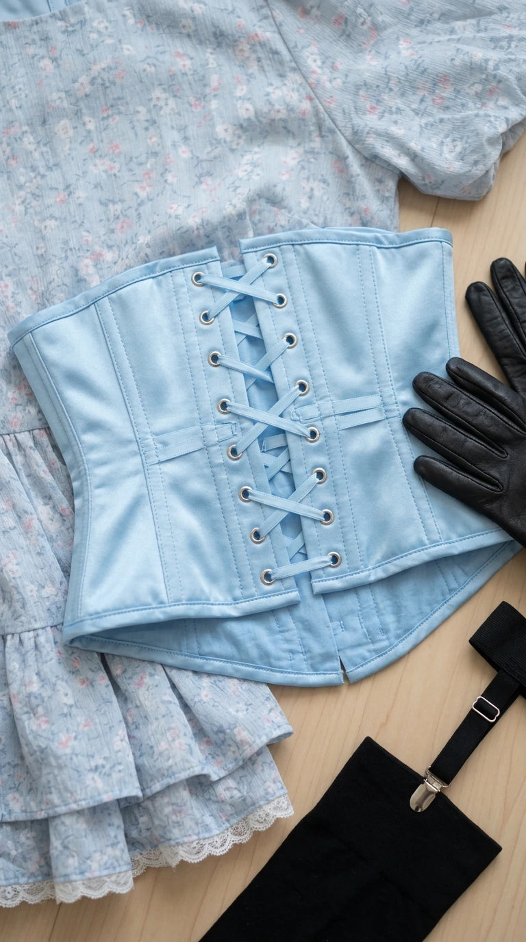 Flat lay close-up of light blue floral fabric, lace hem, and structured lace-up corset waistpiece