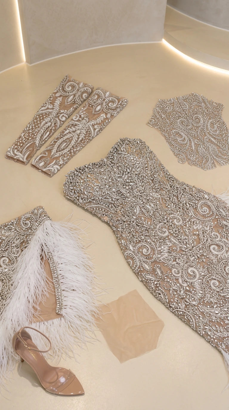 Flat lay of silver beaded gown components, detachable sleeves, and feather accents with heels