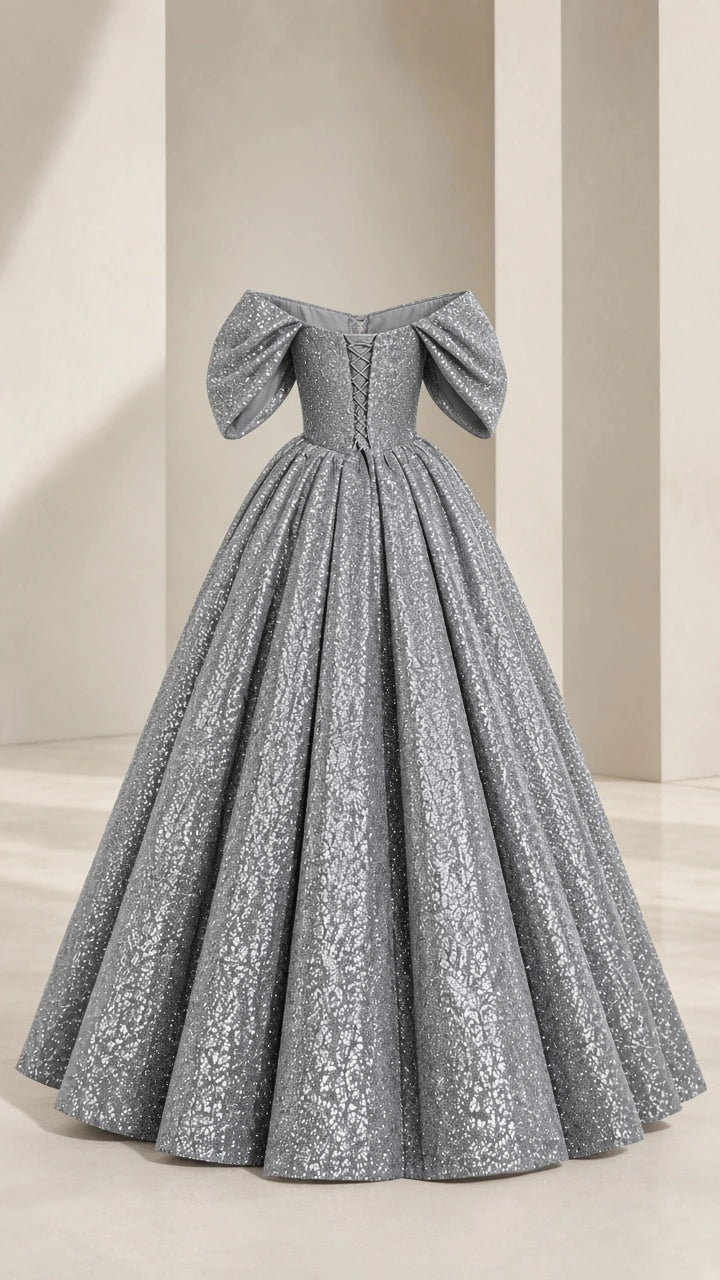 Mannequin display of silver gray off-shoulder sequin evening dress from the back