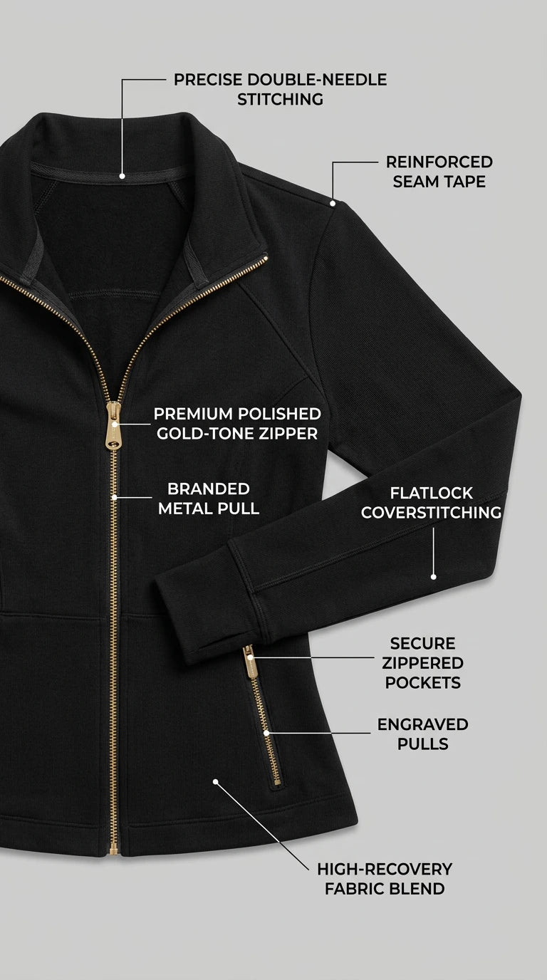 Close-up detail shot of black zip-up jacket highlighting gold zipper, side pockets, and stitching