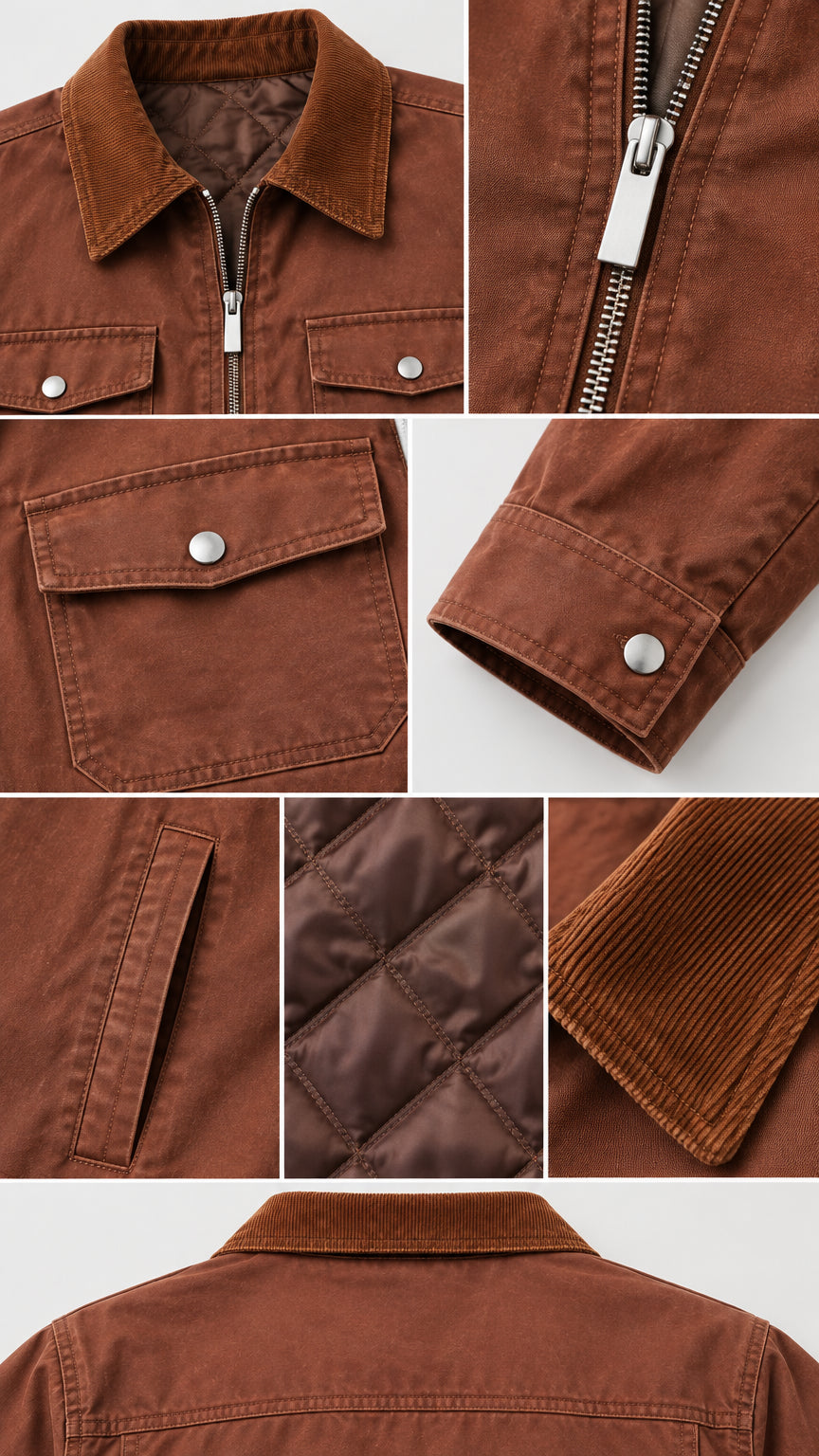 Close-up detail shots showing the corduroy collar, zip pull, chest pocket, snap cuff, welt pocket, and quilted lining