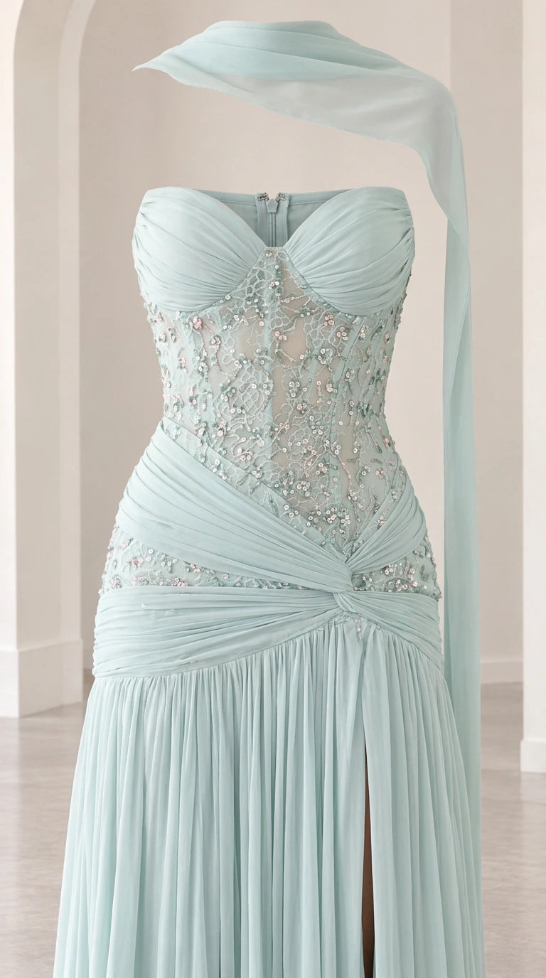 Close-up detail of mint green sweetheart bodice with intricate beading and pleated drape