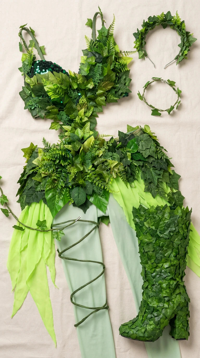 Flat lay layout of the green foliage costume pieces including crop top, leggings, boot covers, and headpiece