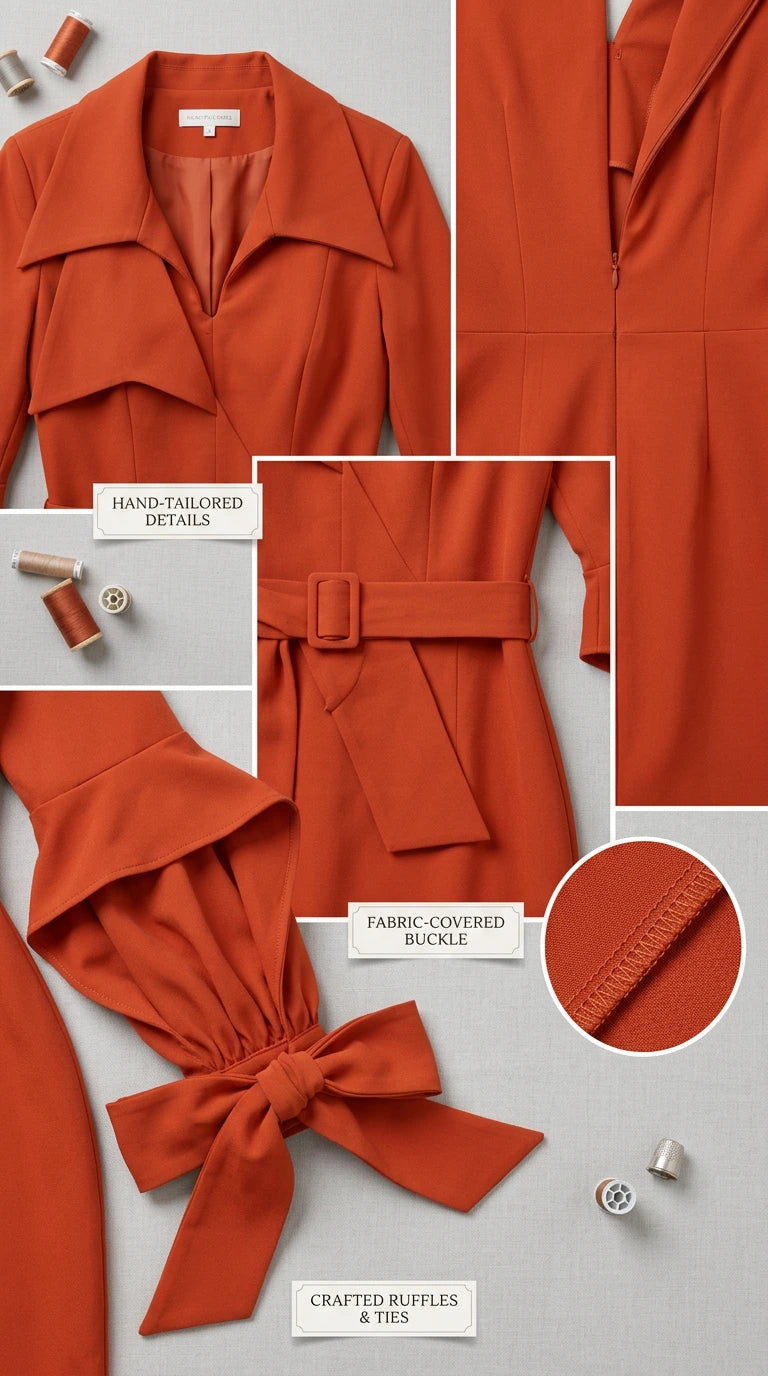 Close-up detail of collar, waist belt buckle, and bow-tie sleeve cuffs