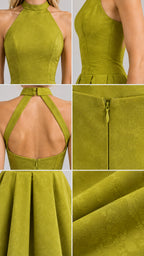 Close-up details of halter neckline, open back closure, invisible zipper, and textured fabric
