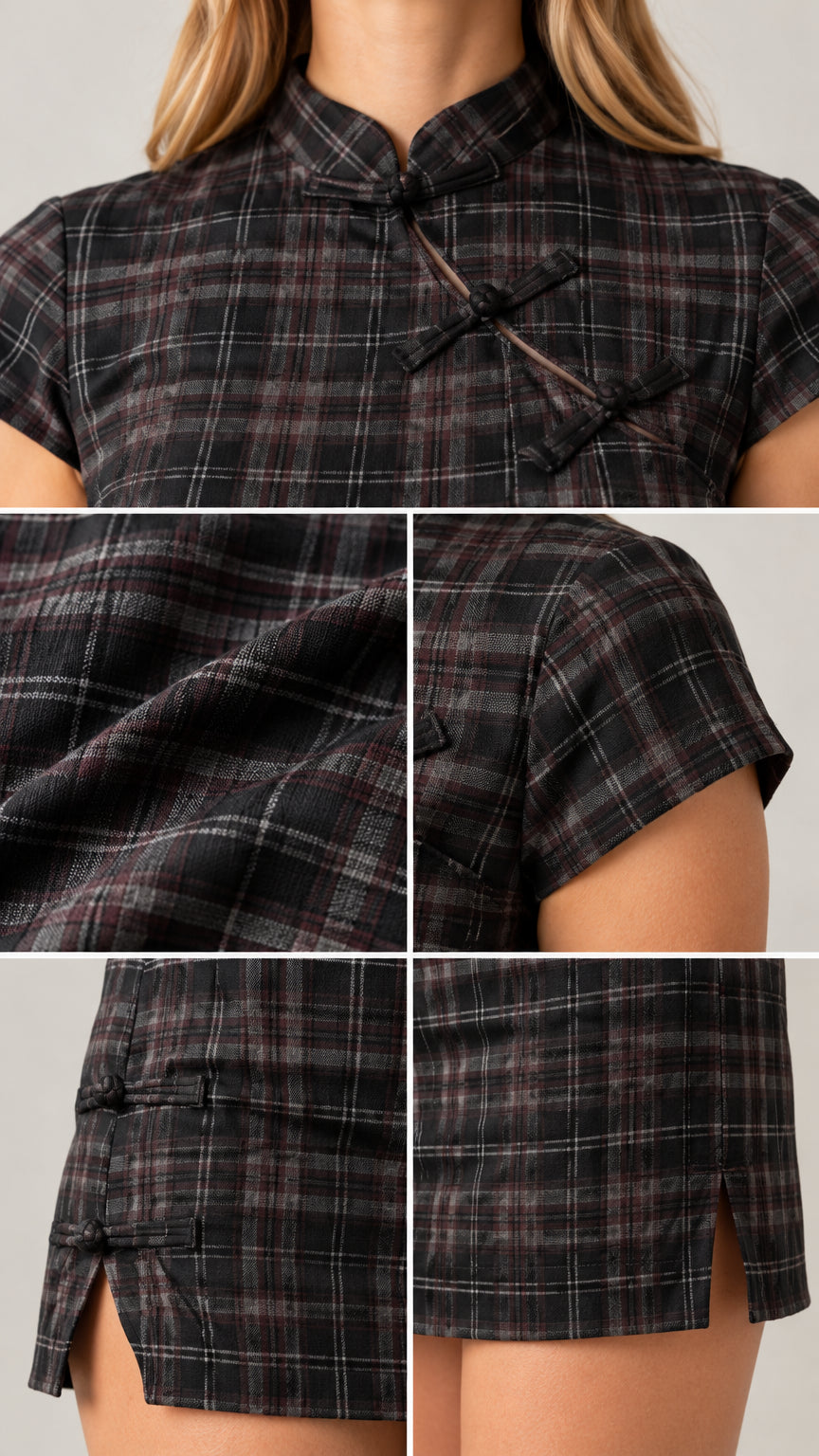 Close-up details of mandarin collar frog buttons, fabric texture, sleeve, and side slit