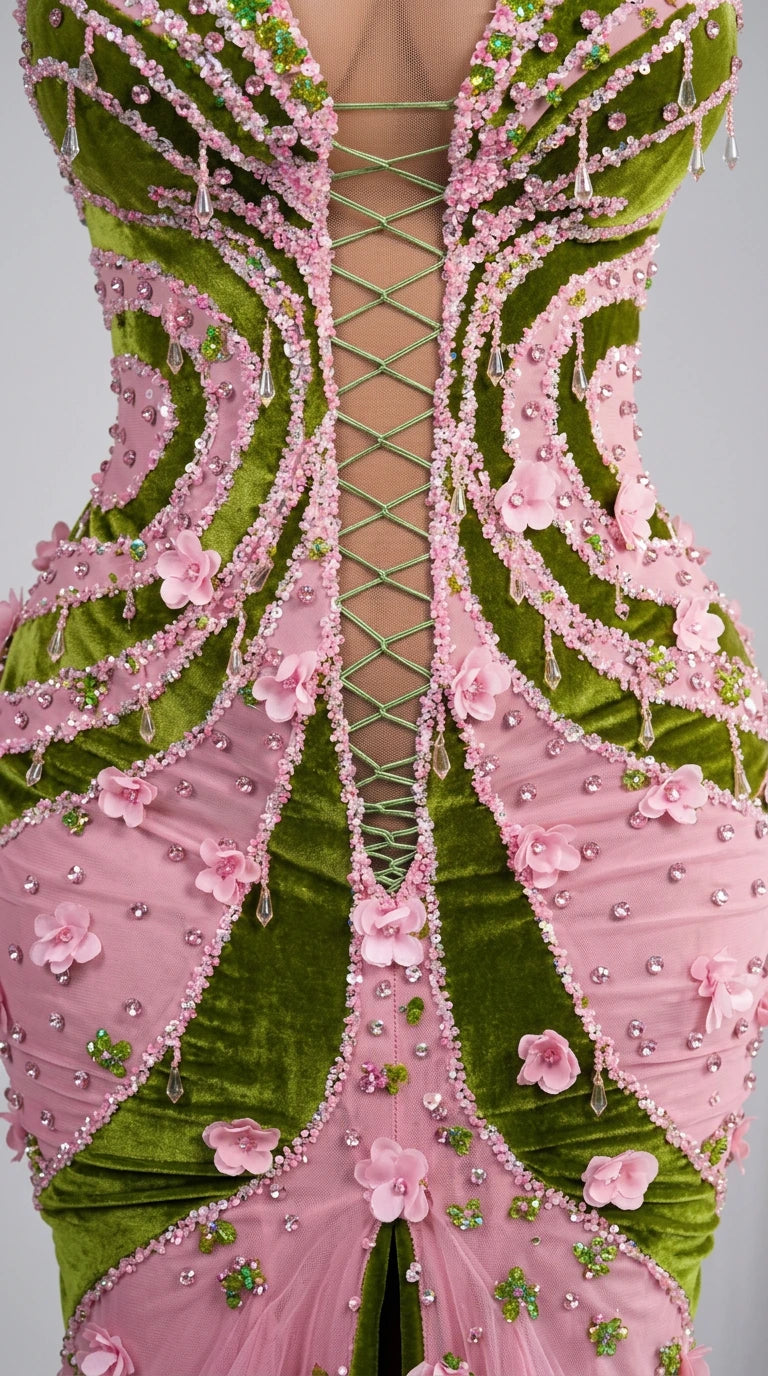 Close-up detail of bodice showing lace-up corset lacing, 3D floral appliqués, and beadwork