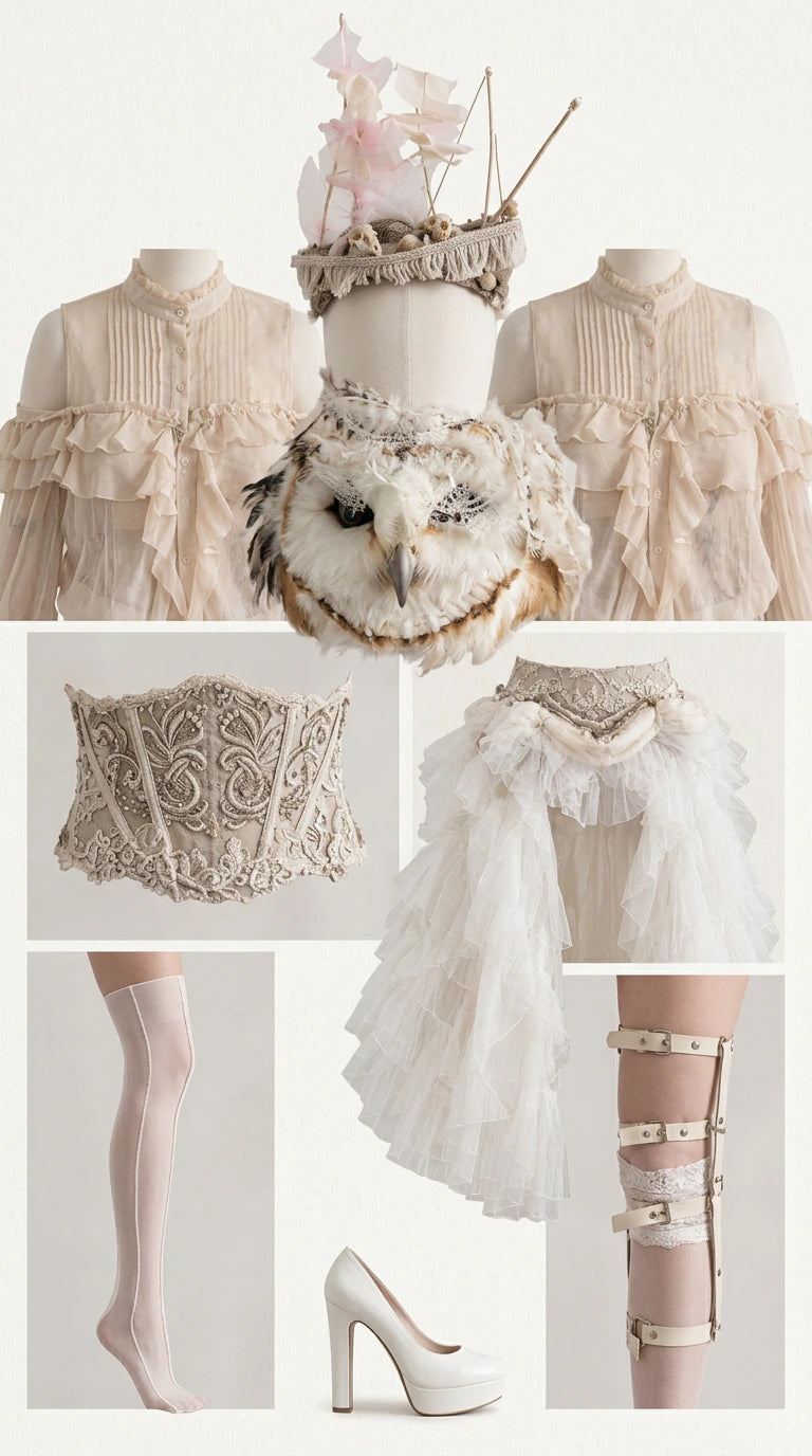 Flat lay and detail view of fantasy costume accessories and corset components