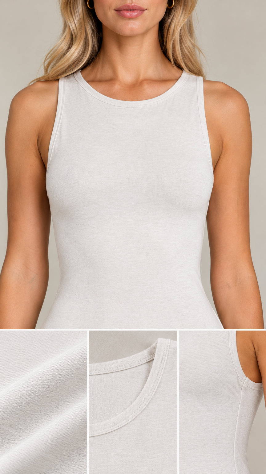 Close-up details of neckline, trim, and fabric on off-white tank dress