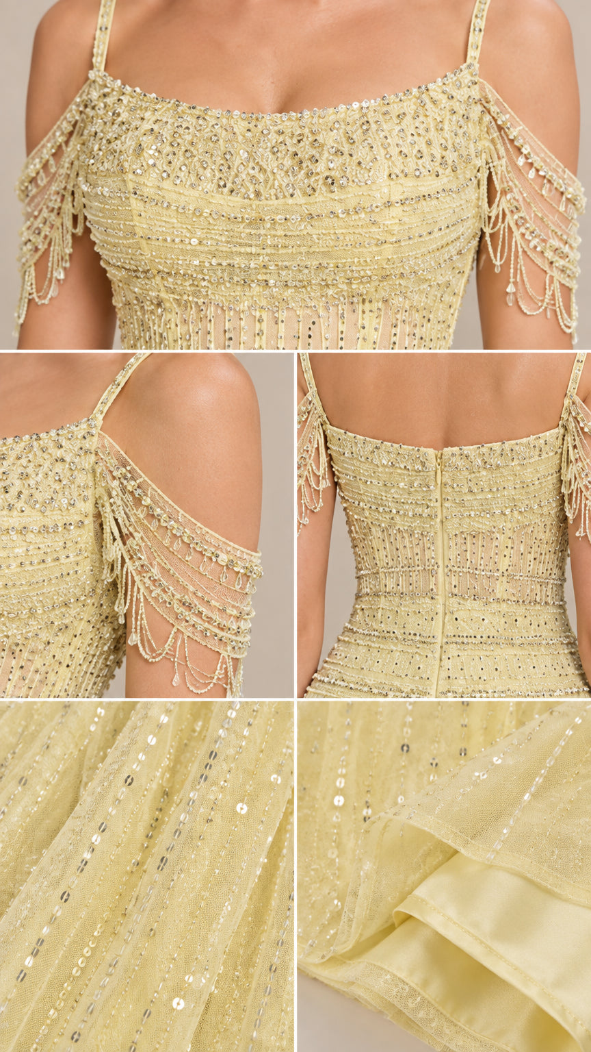 Close-up details of beaded cold-shoulder sleeves, sequin bodice, and fabric hem