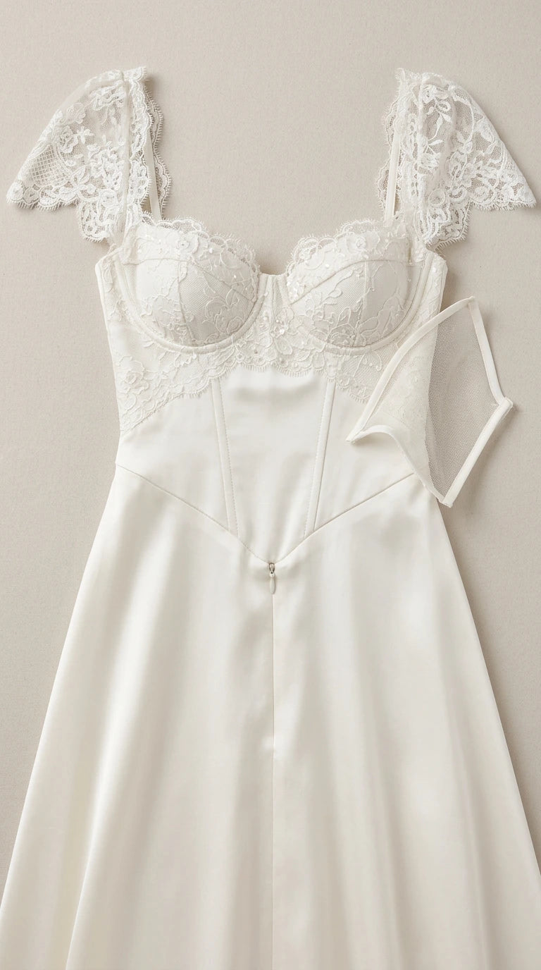 Close-up flat lay of ivory corset bodice with lace overlay and basque waist seaming