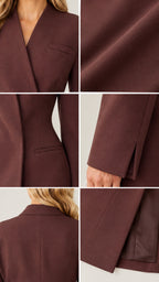 Close-up details of chocolate brown blazer dress including crossover neckline, welt pocket, and cuff slit