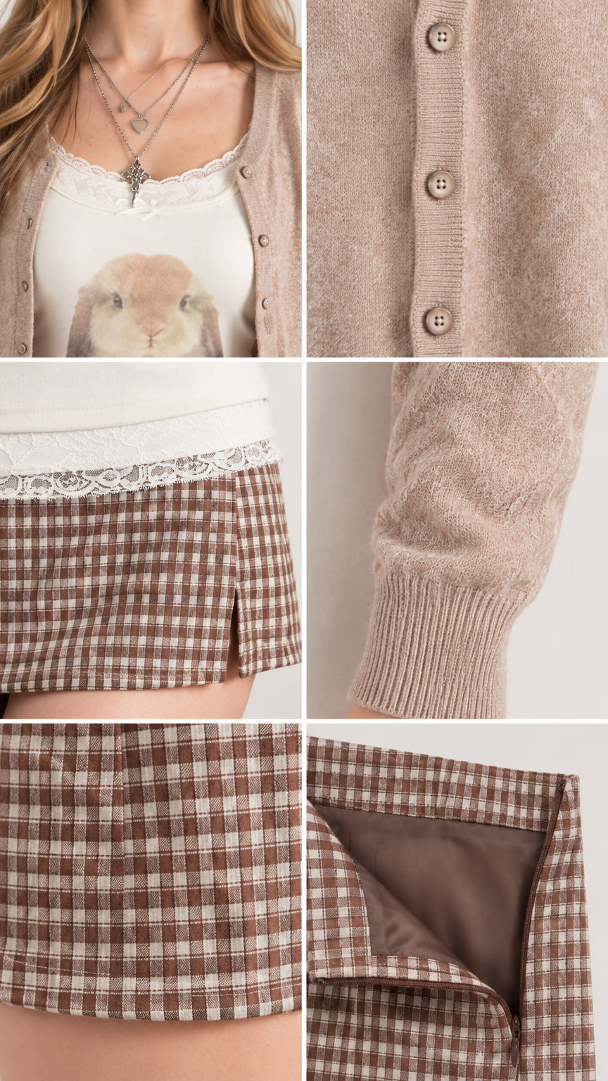Close-up details of cardigan knit buttons, lace hem trim, skirt side slit, and hidden zipper with lining