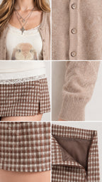 Close-up details of cardigan knit buttons, lace hem trim, skirt side slit, and hidden zipper with lining