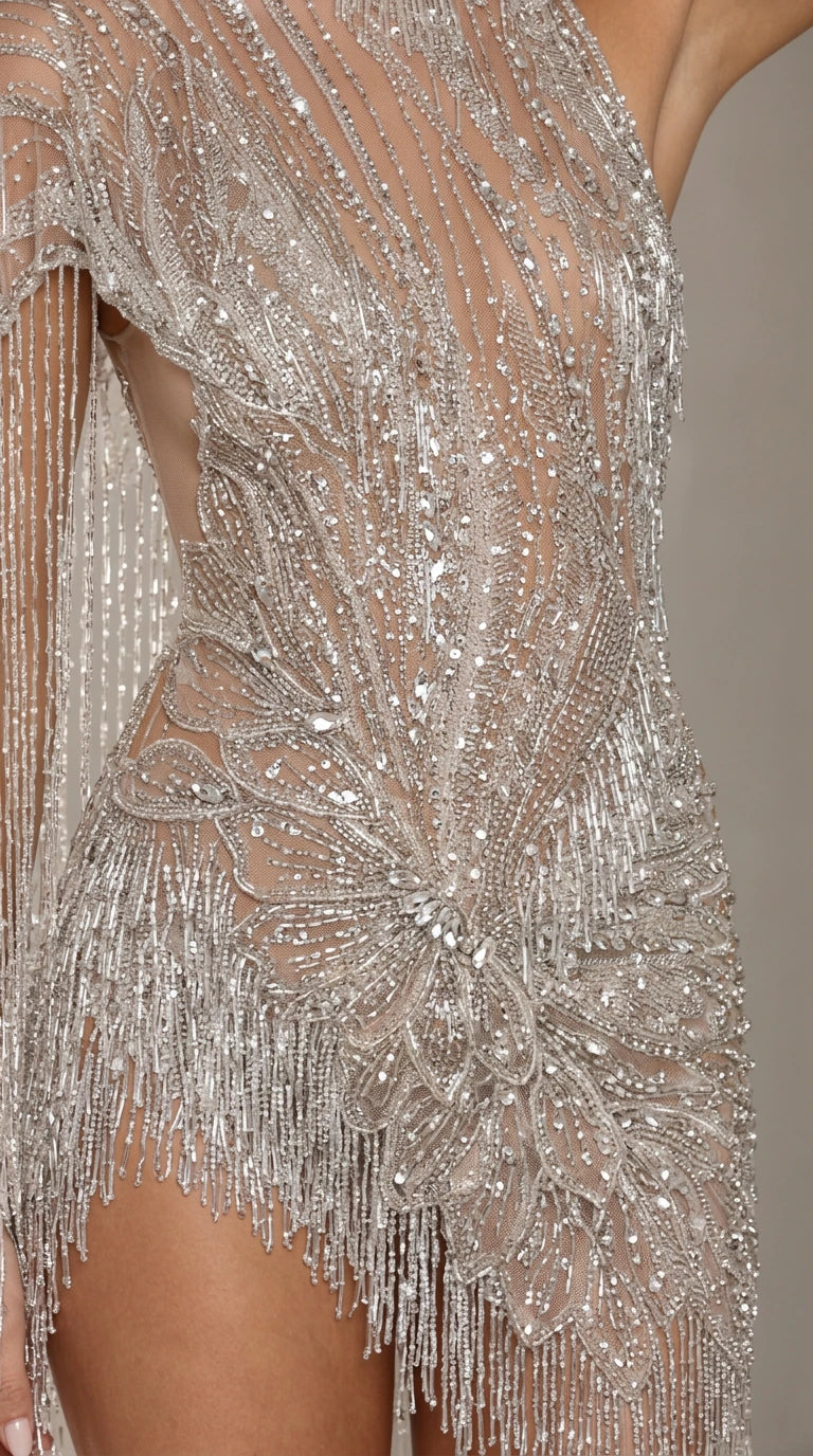 Close-up detail of intricate silver sequin, beading, and fringe embellishment