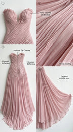 Detailed flat lay showing micro-pleating, sweetheart neckline, invisible zipper, and layered chiffon skirt