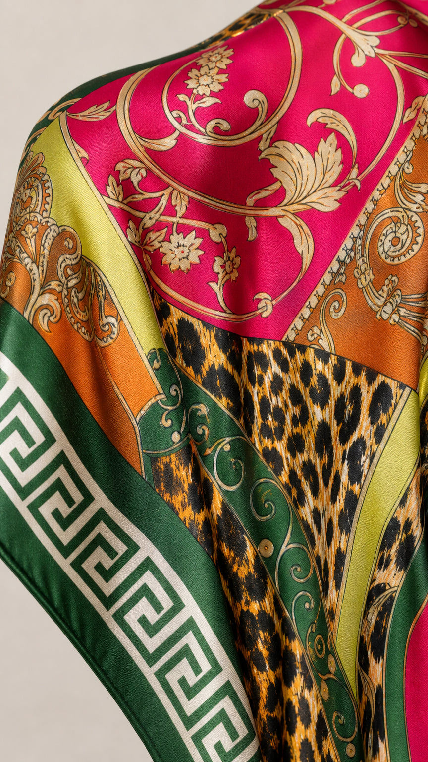 Close-up detail of glossy fuchsia and leopard baroque scarf print fabric with green Greek key border