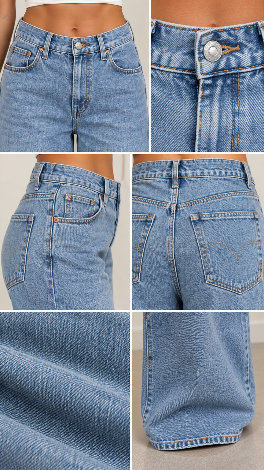 Detailed close-up collage of waistband, metal button closure, coin pocket, twill denim weave, and finished hem